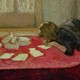 A painting of a young woman with her head down on a table, papers strew about around her