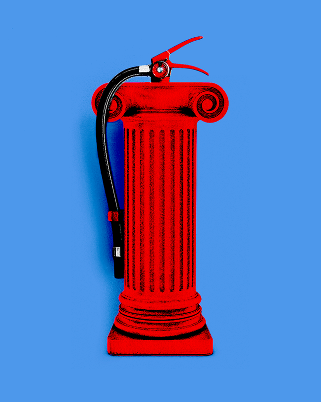 A red Ionic column in the style of a fire extinguisher.