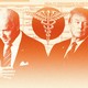 A graphic illustration of Donald Trump and Joe Biden superimposed over a health-insurance-claim form