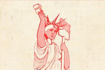 Archival poster from the 'Wages for Housework' campaign, depicting an illustration of Lady Liberty holding a broom in her left hand, cash in her right. Below, she has one foot set on a stack of dishes, while three children pull at her dress.