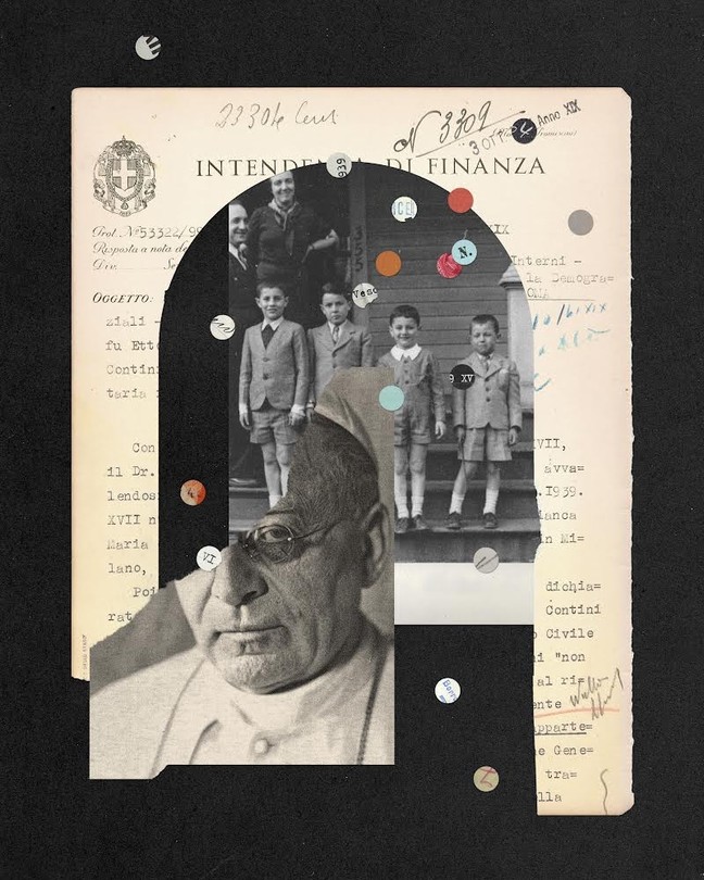 collage of 1800s italian property transfer, Pope Pius XI, and a black and white photo of a man, woman and four children in matching uniforms