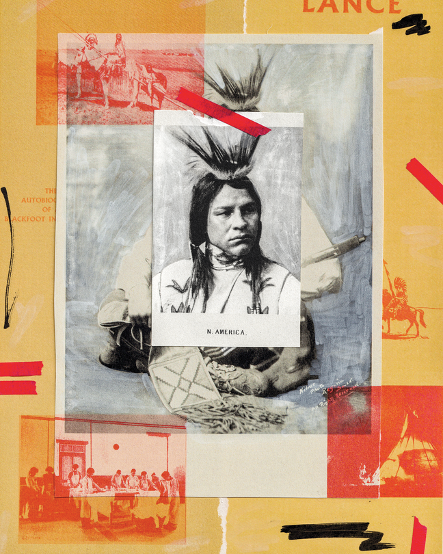 collage-style illustration with archival photographs of long-haired man in feathered hat, children in school, and people on horseback