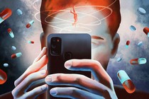 Illustration of a person using a phone surrounded by medication dropping from the sky