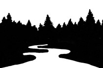 A silhouette of a dark forest on a white background, with a white path through the middle