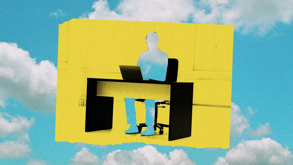 An illustration of a man sitting at a desk but his silhouette is all sky and clouds