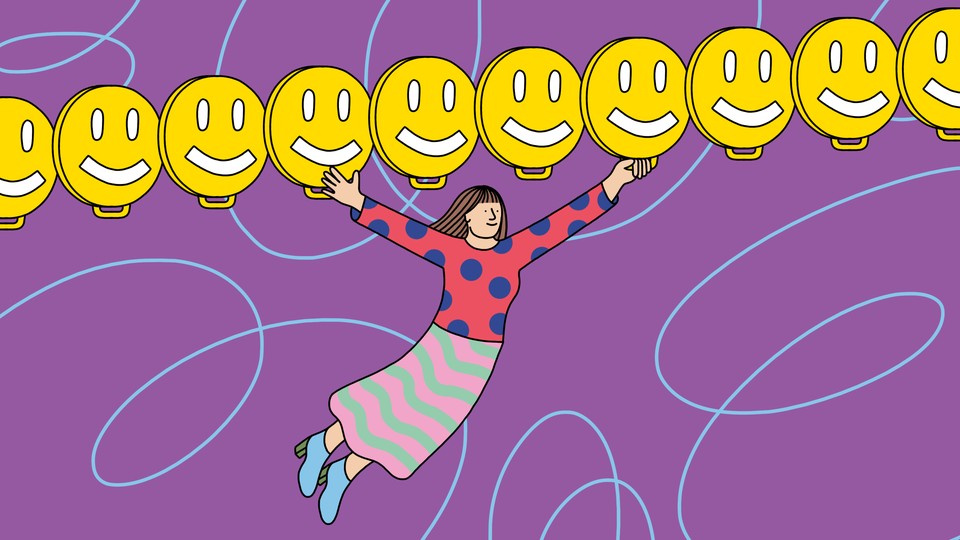 A woman swinging along a line of smiley-face rings