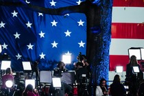 Members of the media work during an Election Night campaign watch party for Democratic presidential nominee Vice President Kamala Harris on Tuesday, Nov. 5, 2024, on the campus of Howard University, in Washington.