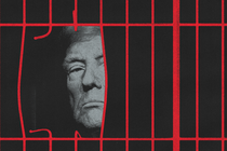 Black-and-white photo of Donald Trump behind broken jail bars