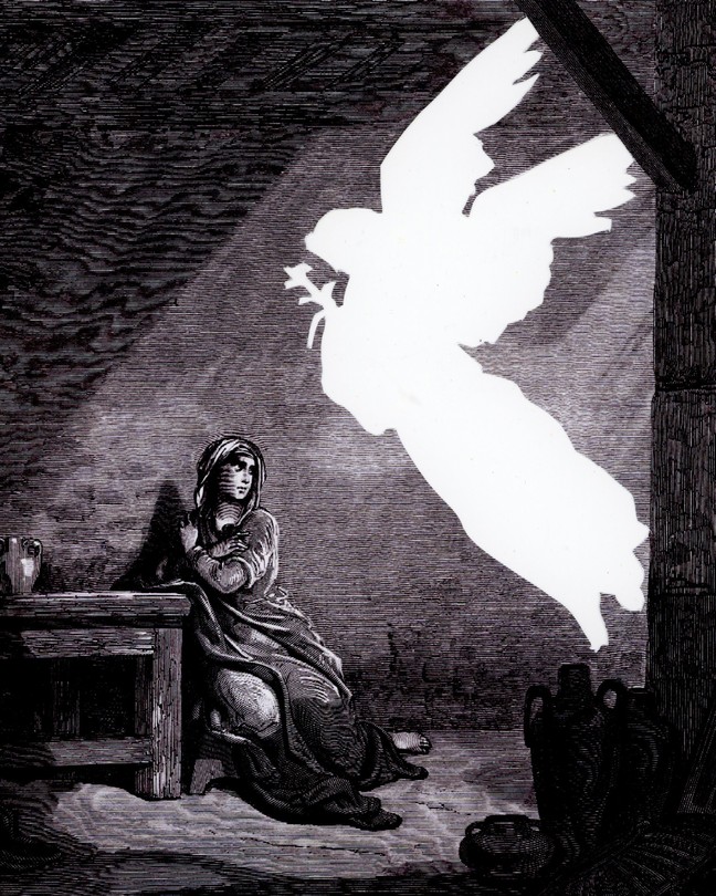 Black-and-white illustration with etching of biblical woman visited by the empty white silhouette of winged angel