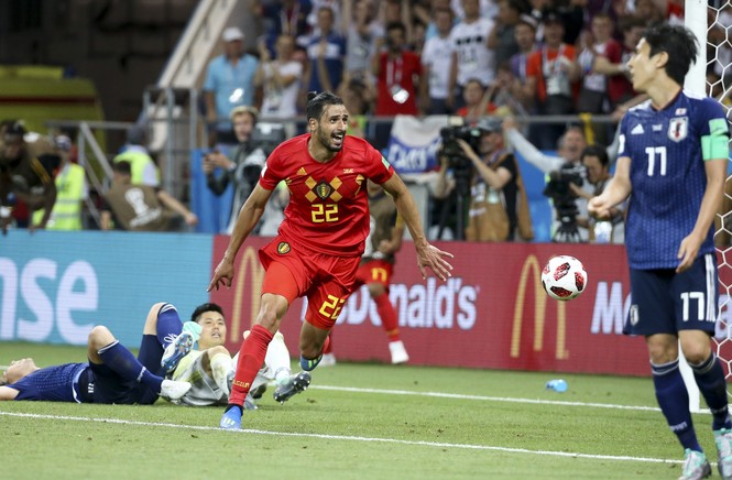 ROSTOV-ON-DON, RUSSIA - JULY 2: Nacer Chadli of Belgium celebrates his last minute winning goal during the 2018 FIFA World Cup Russia Round of 16 match between Belgium and Japan at Rostov Arena on July 2, 2018 in Rostov-on-Don, Russia. 