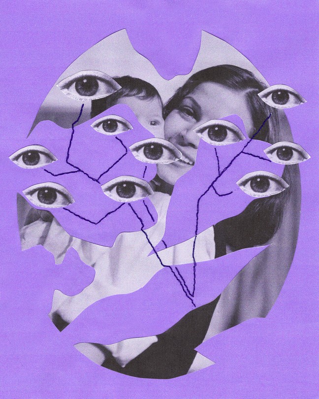 A cracked photo of a mother and a child, overlaid with eyes