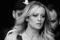 black-and-white photo of Stormy Daniels