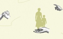 Illustration of hands and a mother and child.