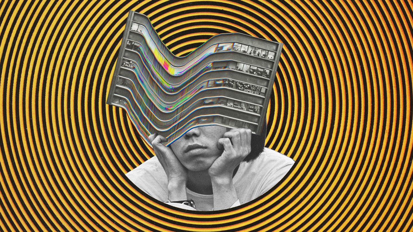 A graphic of a disillusioned woman with a warped office building over her face on a background of concentric circles