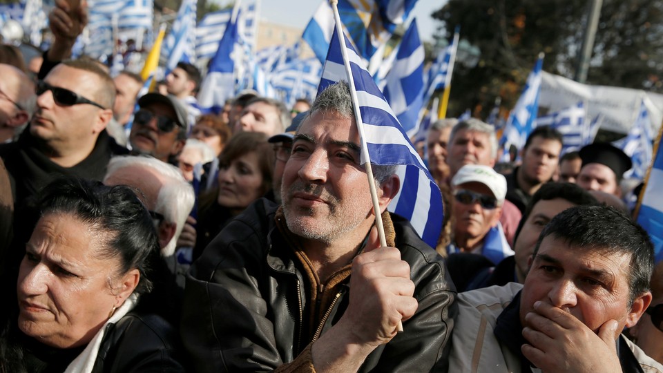 People protest against the use of the term "Macedonia" in any settlement to the dispute between Athens and Skopje over the former Yugoslav republic's name in Athens, Greece on February 4, 2018.