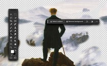 The painting "Wanderer Above the Sea of Fog" surrounded by Adobe Photoshop tools