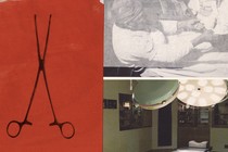 A graphic illustration showing three square images of a midwife, a delivery room, and a pair of scissors on a red background