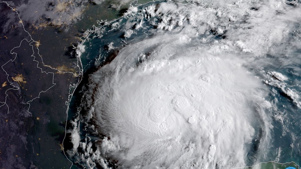 Hurricane Harvey is seen in the Texas Gulf Coast in this NOAA GOES satellite image on August 24, 2017