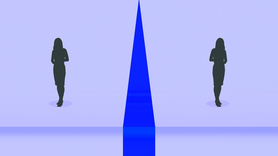 An illustration of two women reflected on both sides of a line.