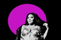 Black-and-white photo cutout of Lizzo against a black background with a fuchsia circle in the center