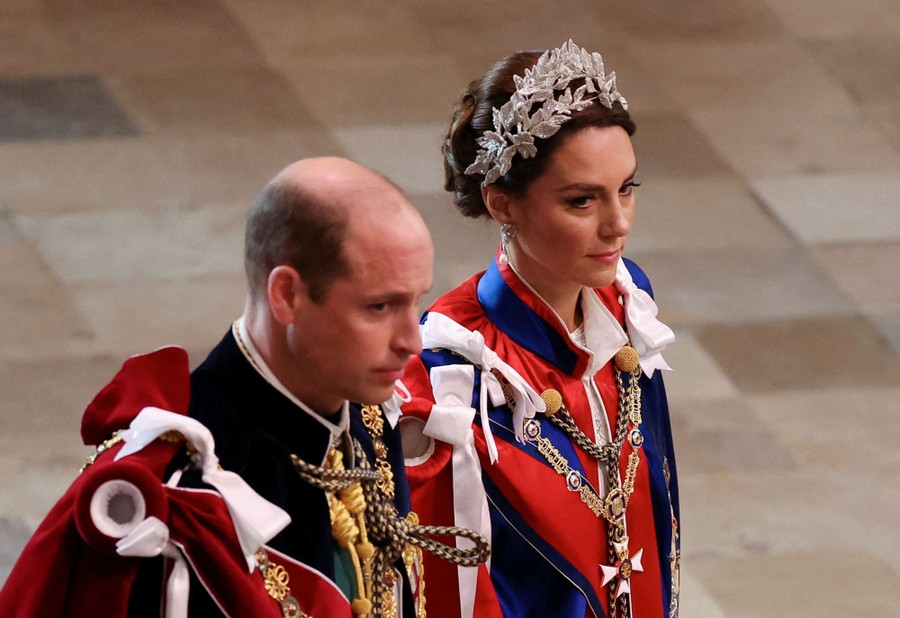Prince William and Catherine, Princess of Wales, dressed in formal royal attire