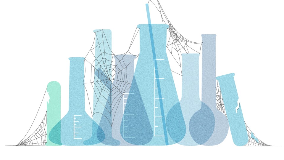 Illustration of empty green, blue, and purple chemistry flasks with cobwebs on them