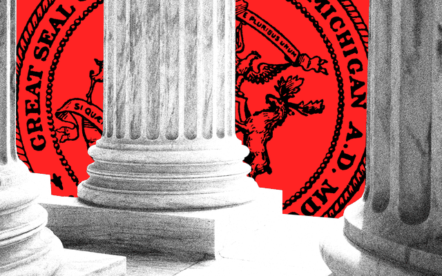 An illustration of the Supreme Court columns with Michigan's state seal behind them