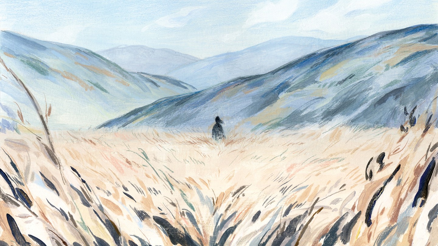 A hand-drawn illustration of a woman walking in a field toward blue mountains.