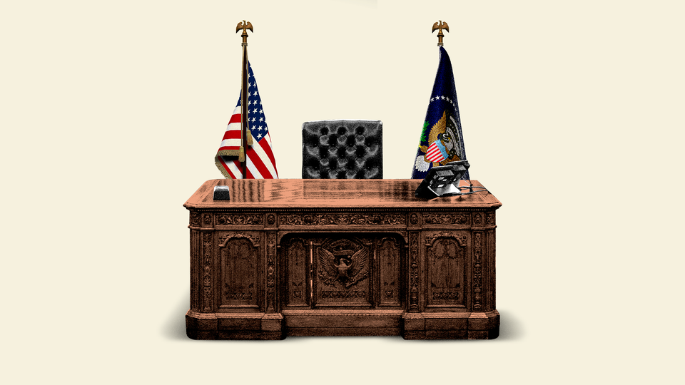 A photo-illustration of the presidential desk isolated on a tan background