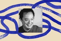 A black-and-white photo of Graeme Wood bordered by an illustration