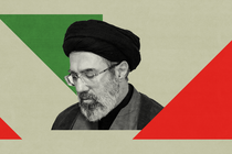 Black and white illustration of Mojtaba Khamenei against a red and green geometric background.
