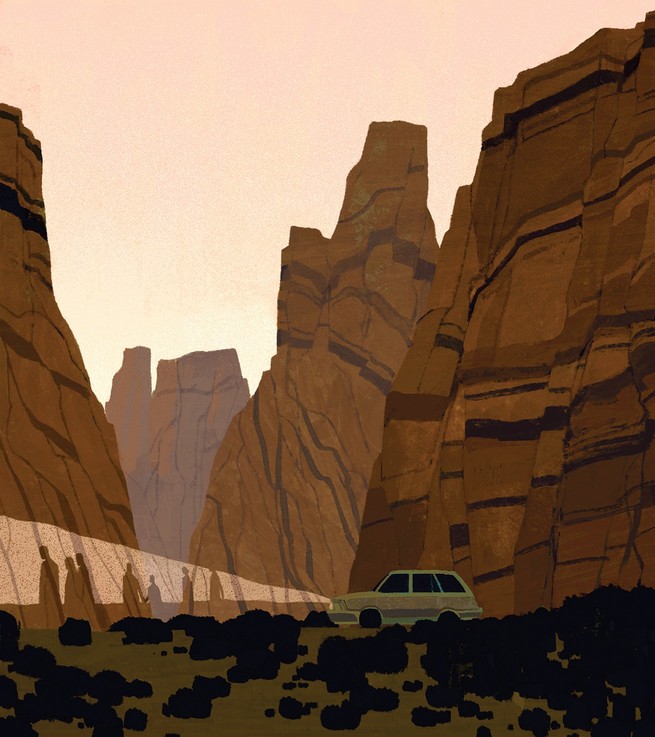 A car driving through the arched landforms of the American West with silhouettes of people in its headlights