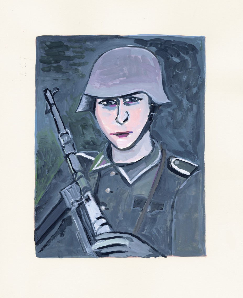 illustration of German WWII soldier in helmet and uniform carrying rifle against gray background