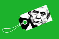 A price tag with a black-and-white photo of Donald Trump on it, in front of a green background