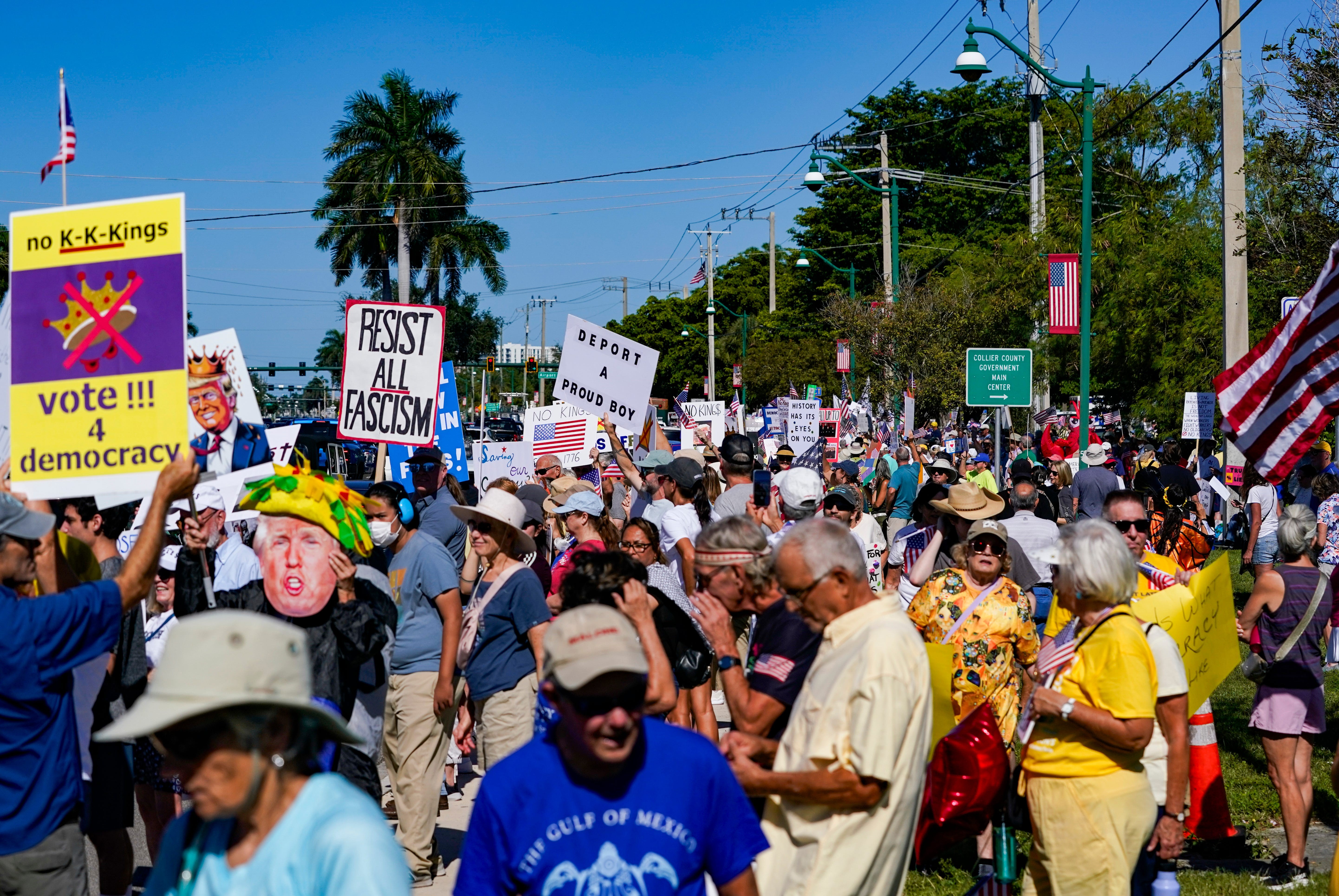 Sign-carrying protesters line a busy street in a Florida town.