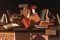 A painting of several books tossed haphazardly on a table