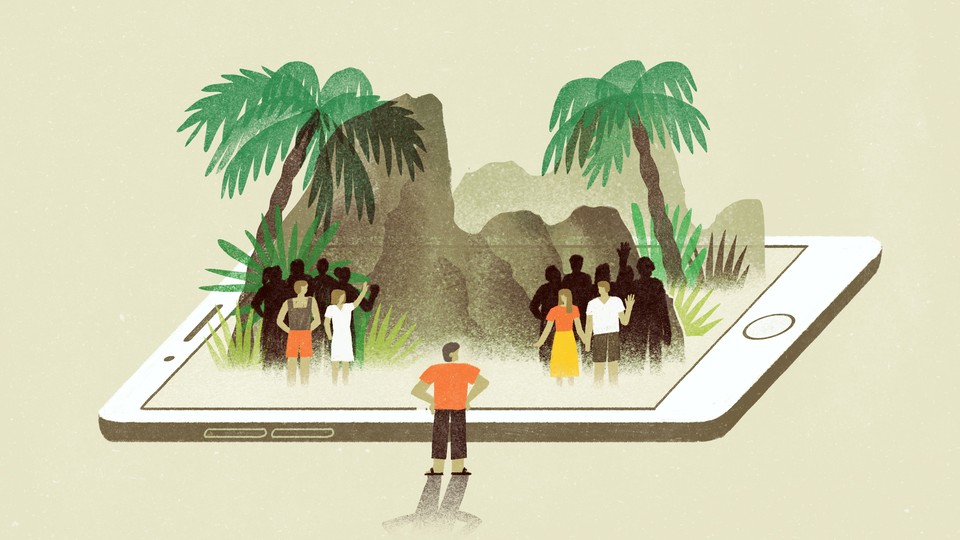 An illustration of an island popping out of a giant smart phone.