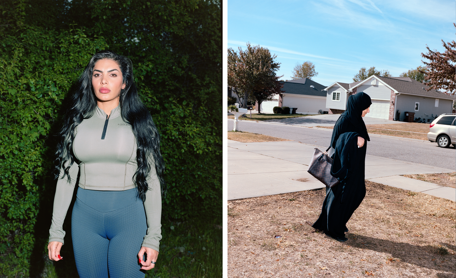 2 photos: woman with long, wavy black hair in sportswear;  Woman in hijab and abaya carries handbag walking across dry lawn beside driveway with other houses behind
