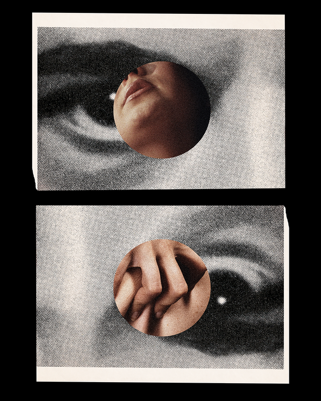 A small circle containing a color photo of a woman's mouth is superimposed on a black-and-white photo of a man's eye.