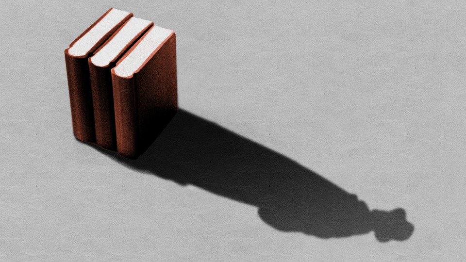 The shadow of three books forms the outline of a detective