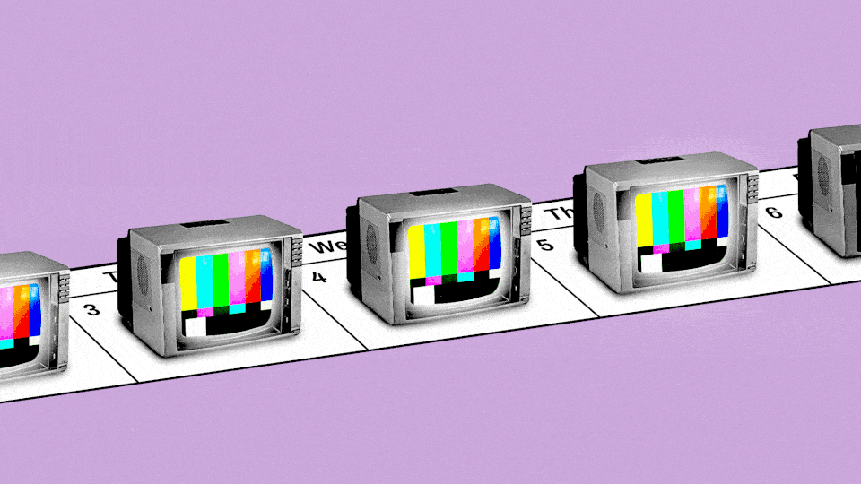 Animated GIF of a row of TVs turning on, each sitting on top of a calendar day.