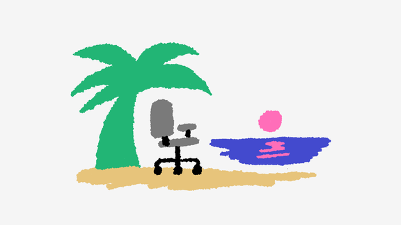Office chair on a beach with a palm tree