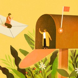 An illustration of the two friends. One is waving from inside a giant mailbox. The other is riding a giant letter into that mailbox.