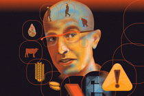 Bald man with glasses near orange horizon line with a series of circled images spiraling out of his head including early man, stone tool, wheat, coins, book, computer chip, and yellow warning triangle with exclamation point