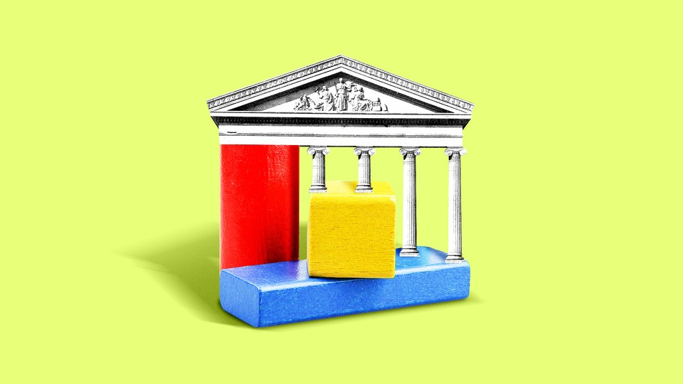 A government building resting on children's building blocks