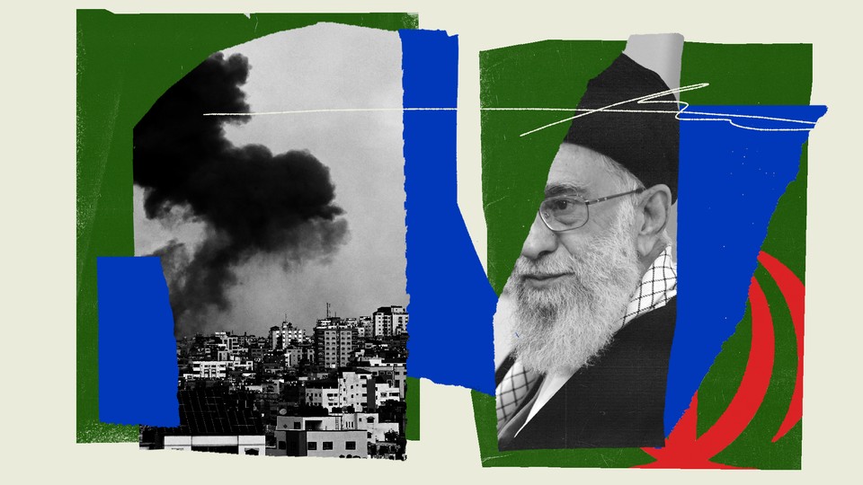 A photo collage of the Iranian leader Ali Khamenei and smoke billowing over Gaza City on October 7