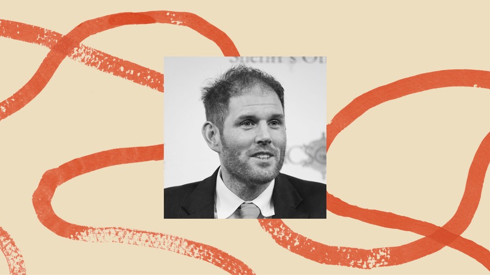 A black-and-white photo of Stephen Richer, surrounded by an illustrated border