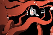 An illustration of a girl surrounded by octopus tentacles, which hold dumbbells, a book, and a laptop