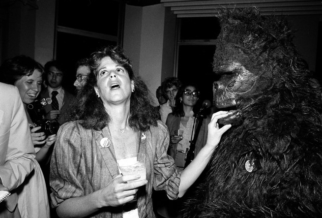 Gilda Radner photographed with someone in a King Kong suit, 1980