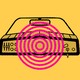 A car dashboard with a many-ringed hot-pink circle in the middle, all against a yellow background
